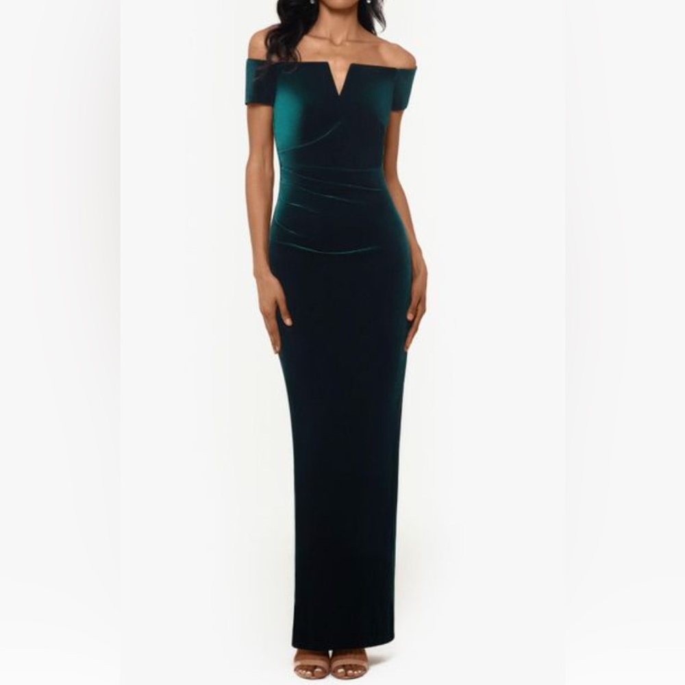 Xscape One Shoulder Green Velvet Dress